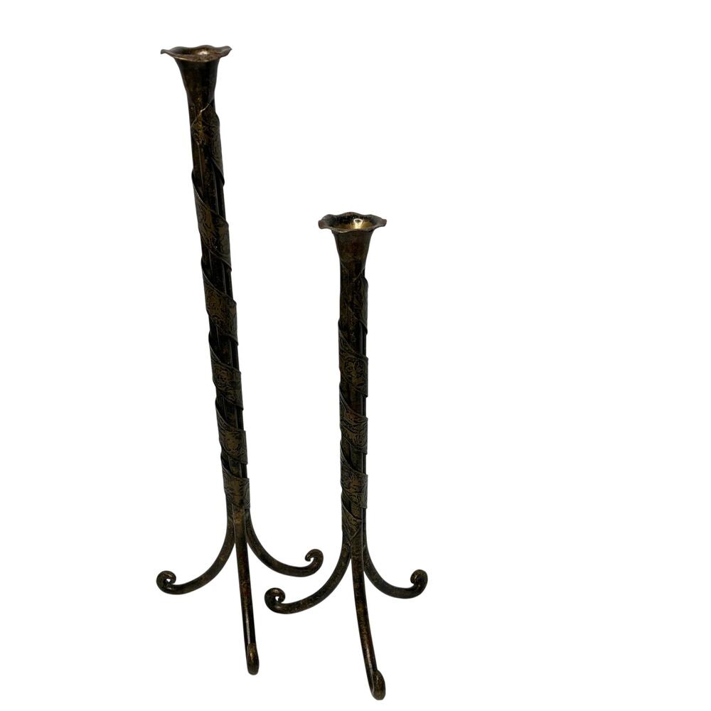 Pair of Rustic Bronze-Toned Metal Candlestick Holders Spiral Wrapped Floral Stem